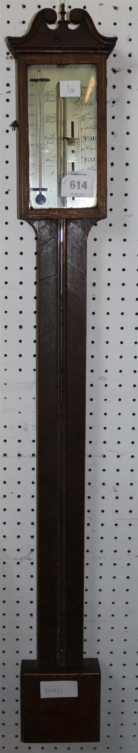 P. Barini of York. A George III inlaid rosewood stick barometer